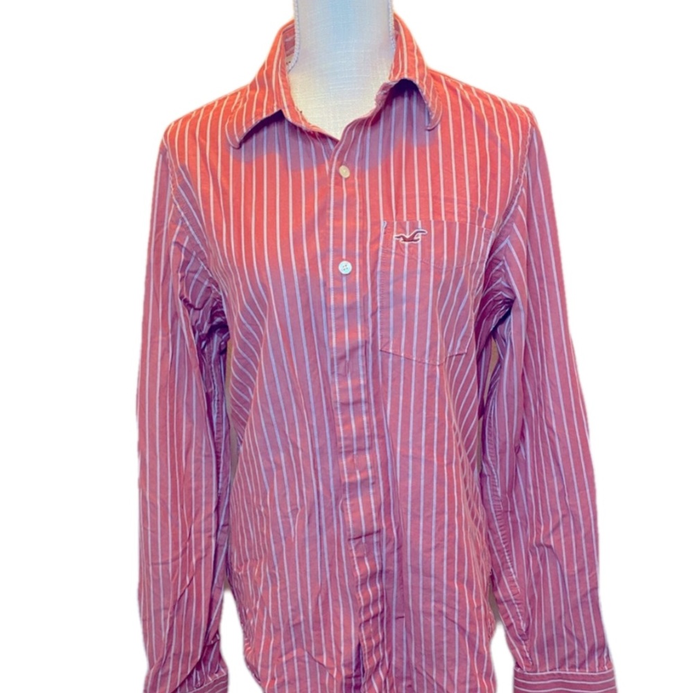 Hollister Button Down Shirt- Salmon Pinstripes
